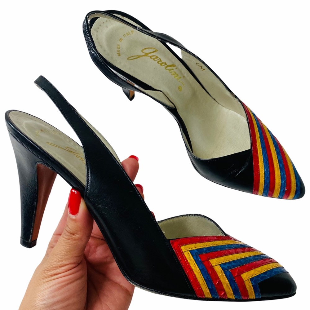 Vintage leather black rainbow sling back heels
